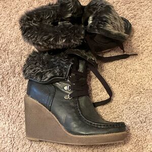 Women's Black and Brown Wedge Boots